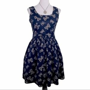 Burlapp Navy Blue Butterfly Bow Print Fit Flare Dress Criss Cross Back Small